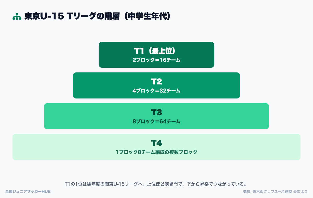 U-15 Tリーグのピラミッド構造：T1（2ブロック16）→T2（4ブロック32）→T3（8ブロック64）→T4（8チーム編成の複数ブロック）